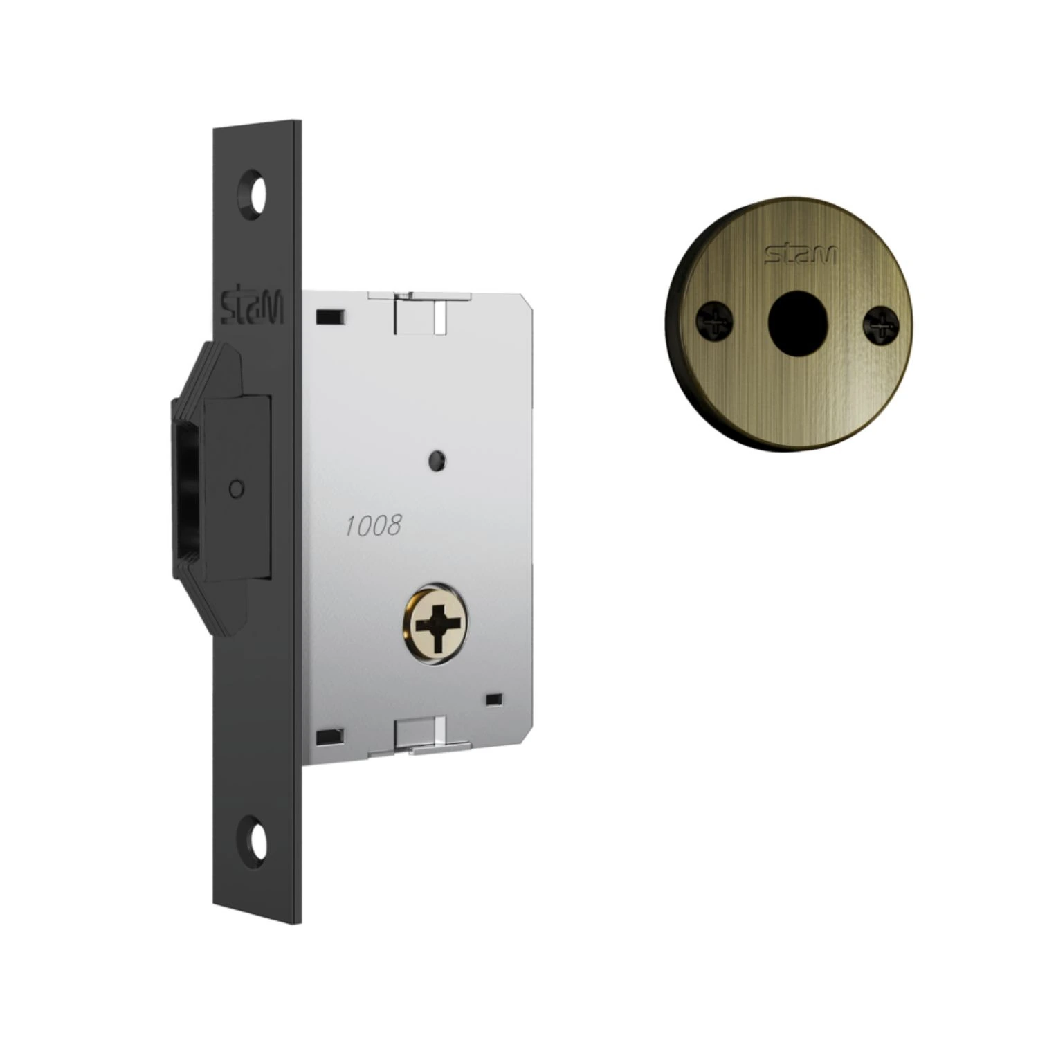 Fechadura 1008 Trava Auxiliar Tetra Chave Para Porta Correr E Bater Roseta Redonda Antique 30mm Stam