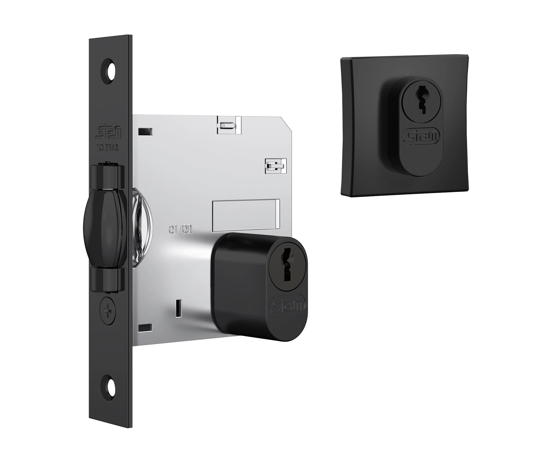 Fechadura 1005 Preto Com Cilindro Oval E Roseta Quadrada Stam