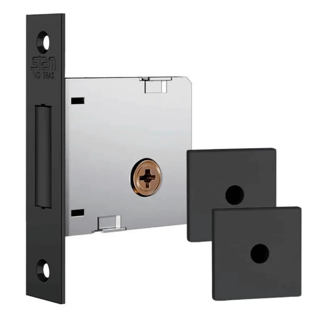 Fechadura Auxiliar Trava Stam 1004 Inox Roseta Quadrada Preto
