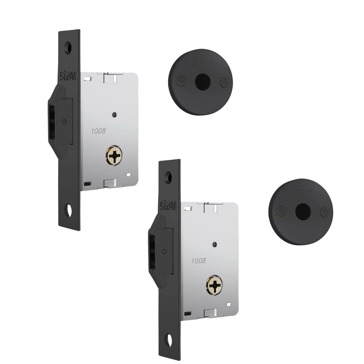Fechadura 1008 Par Trava Auxiliar Tetra Chave Porta Correr/bater Roseta Redonda Preto Fosco 30mm Sta