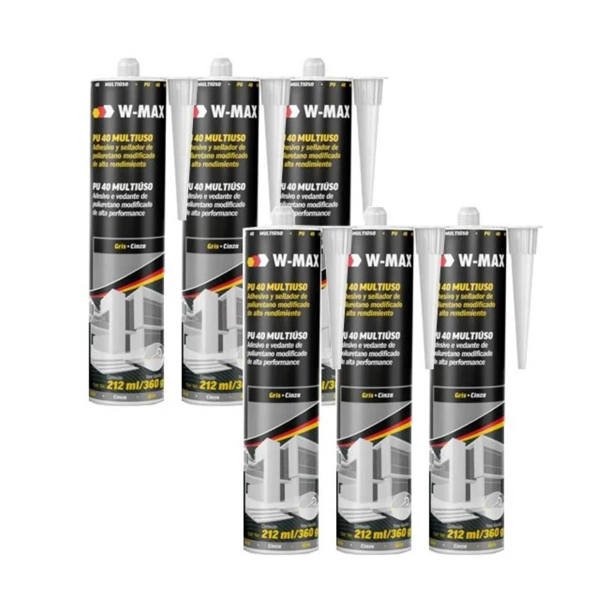 Kit 6 Adesivo Selante Pu40 Multiuso Cinza 360g/212ml W-max