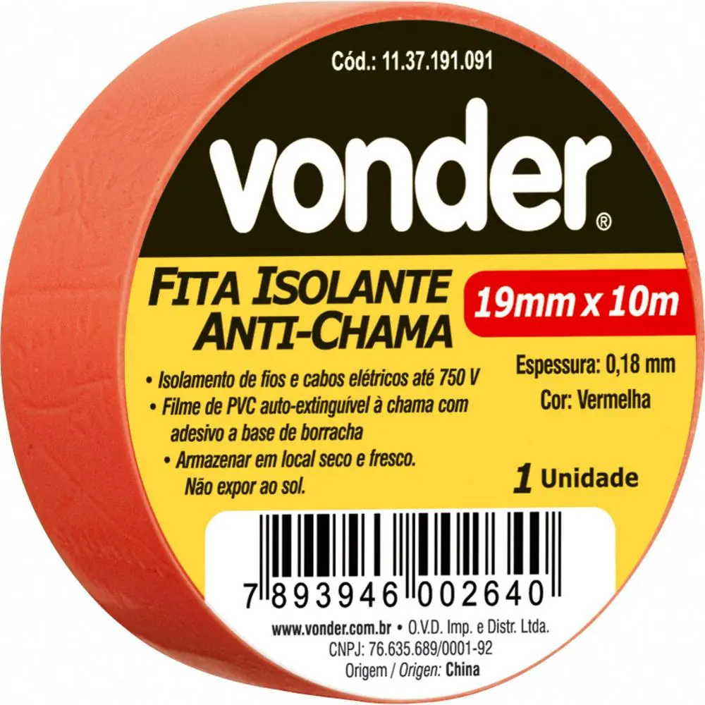 Fita Isolante Pvc 19mmx10m Vermelha Anti Chama Peça Vonder