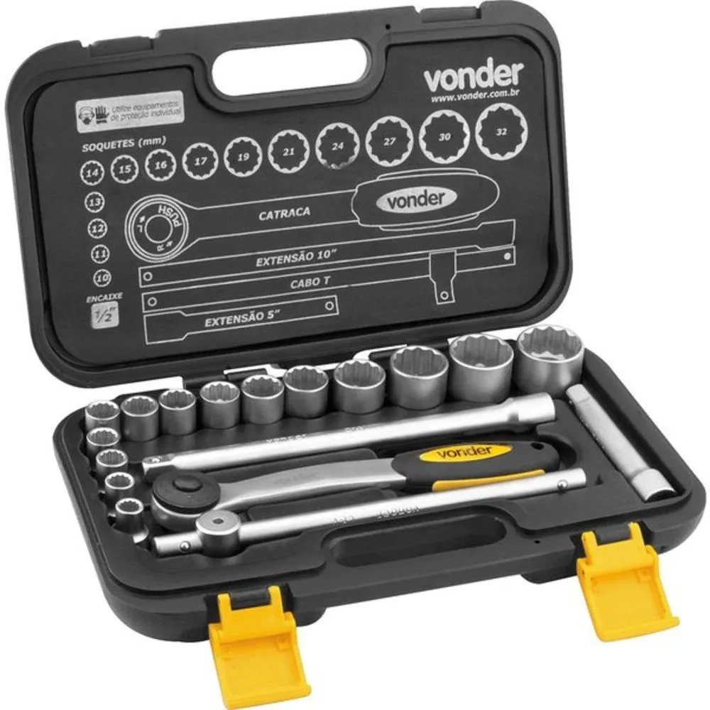 Jogo De Soquete Estriado De 10 A 32 Mm Encaixe 1/2" Com 18 Peças - Vonder