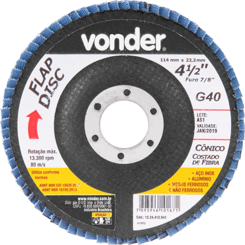 Disco De Lixa Flap Disc Cônico 4 1/2" Grão 40 - Vonder (40)