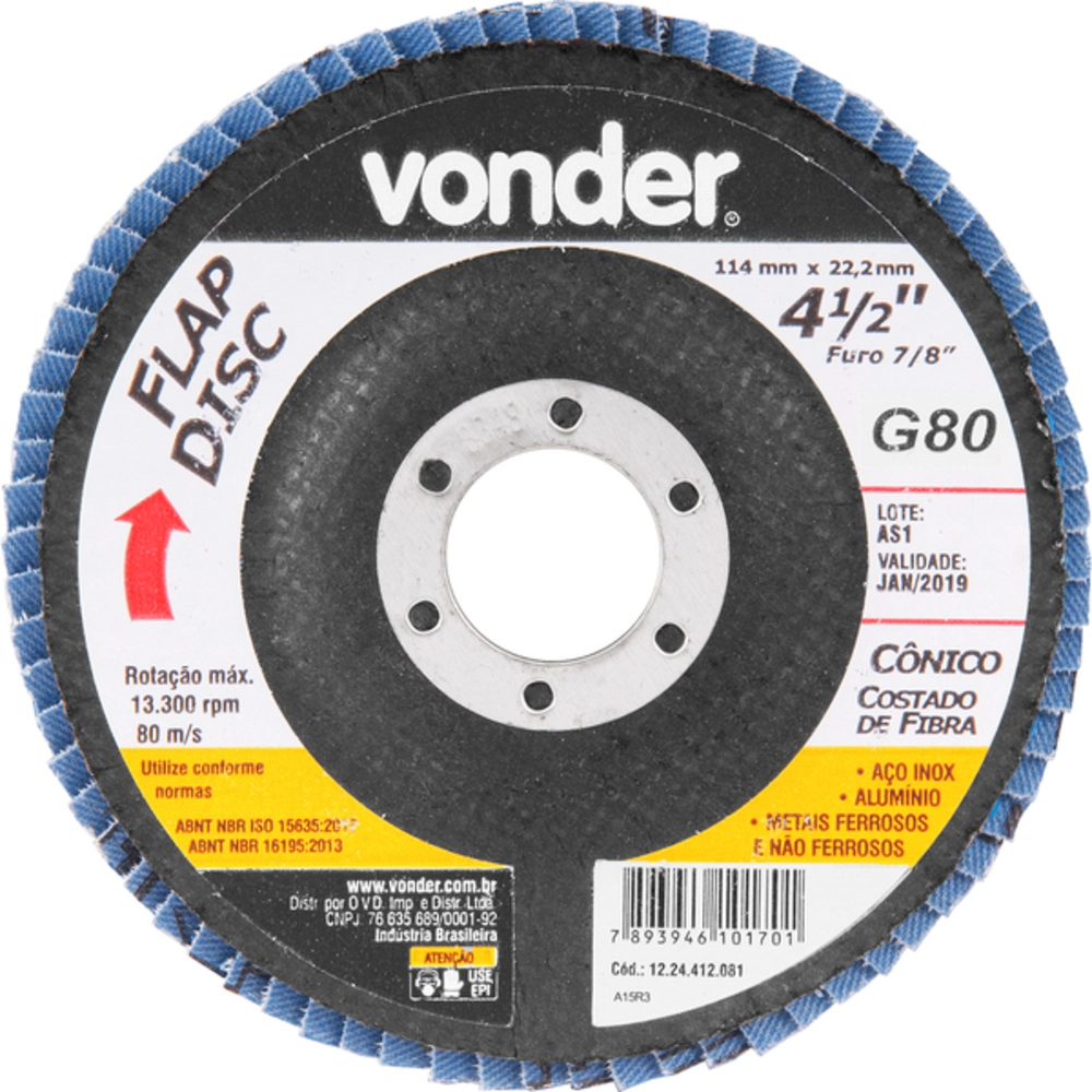 Disco De Lixa Flap Disc Cônico 4 1/2" Grão 80 - Vonder (80)