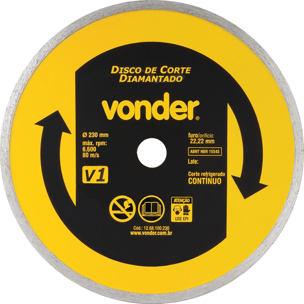 Disco de Corte Diamantado Contínuo 230mm V1 Furo 22,2mm Vonder para Mármore Granito Cerâmica
