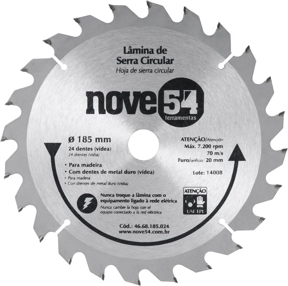 Lamina Serra Circular Vídea 185x20x2,2mm 24 Dentes 7200 Rpm