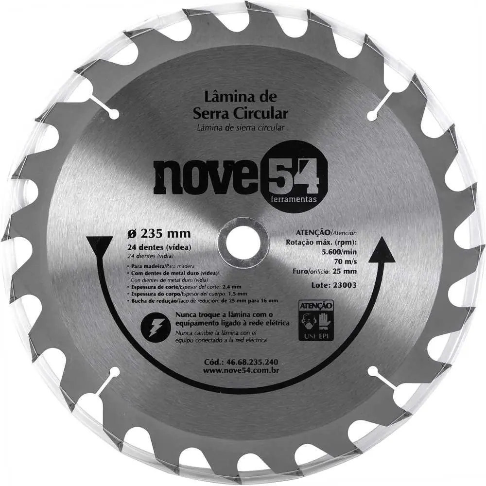 Lâmina De Serra Circular Vídea 235mm 24 Dentes Nove54