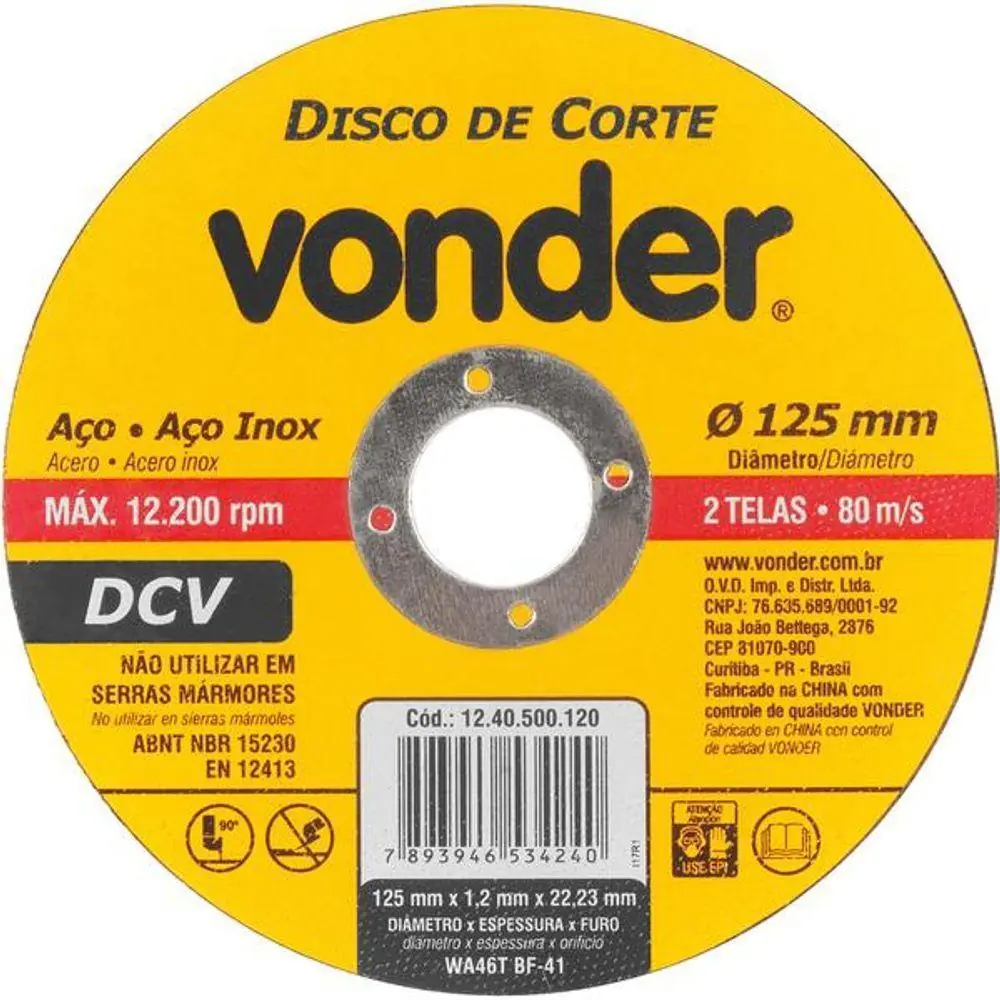 Disco De Corte 125,0x1,2x22,23 Dcv - Vonder