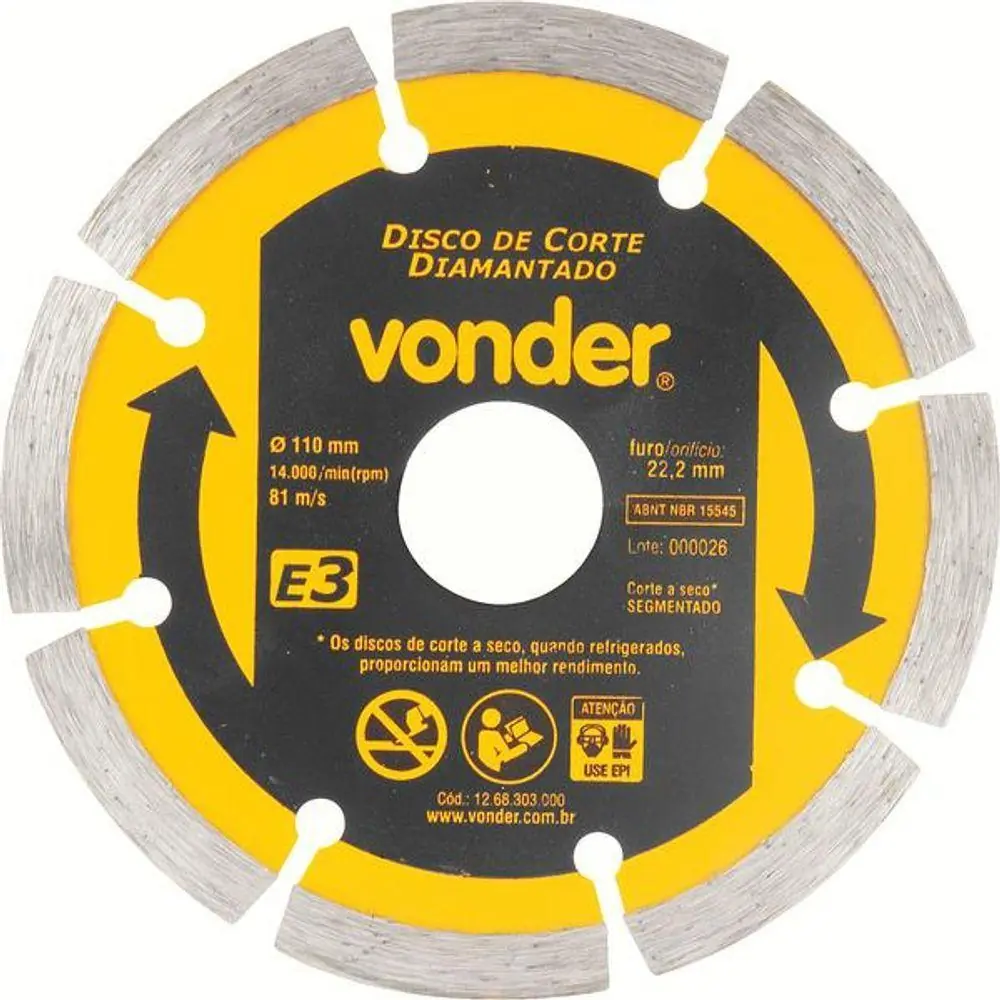 Disco Diamantado 110mm E3 Furo 22 - Vonder