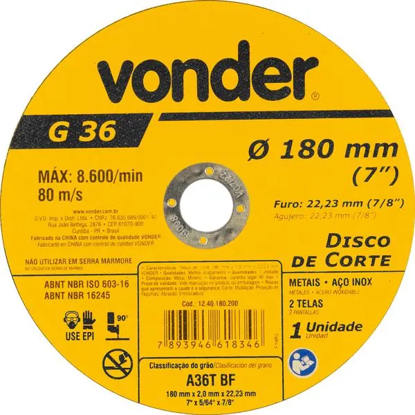 Disco De Corte 180,0x2,0x22,23 - Vonder