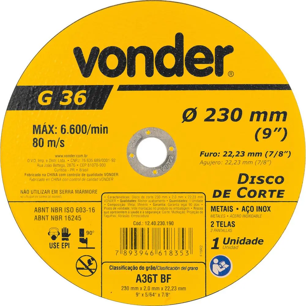 Disco De Corte 230,0x2,0x22,23 - Vonder