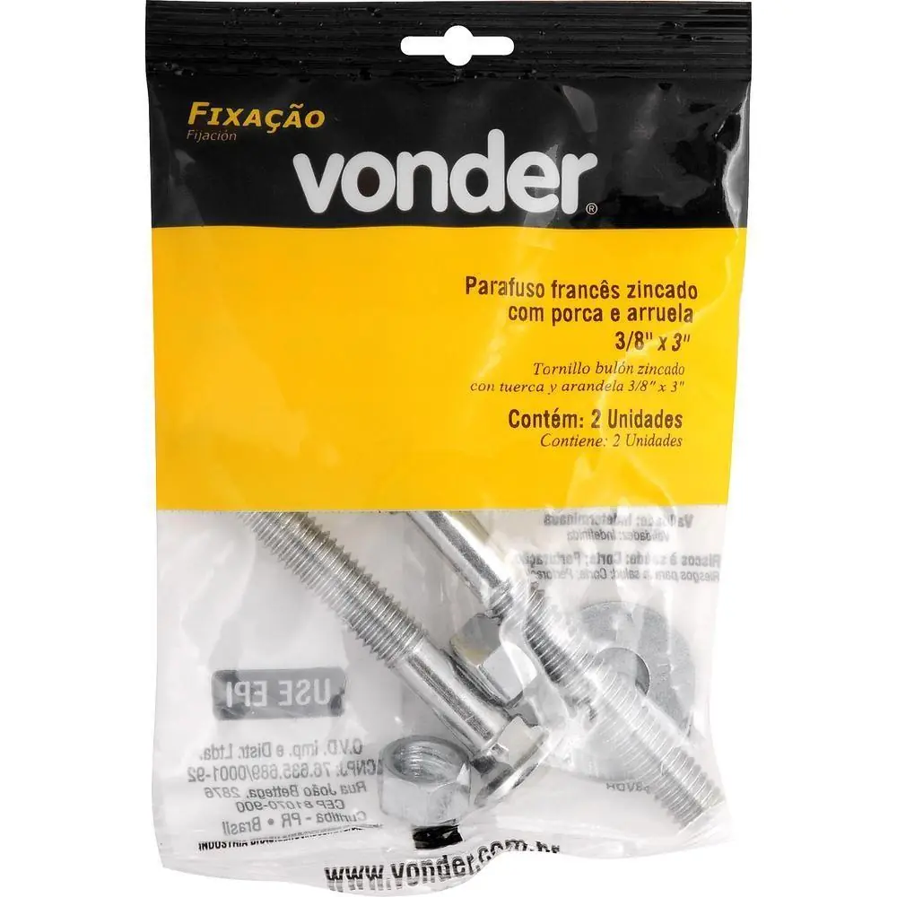 Parafuso Francês 3/8 x3 Com Porca E Arruela 2 Peças Vonder