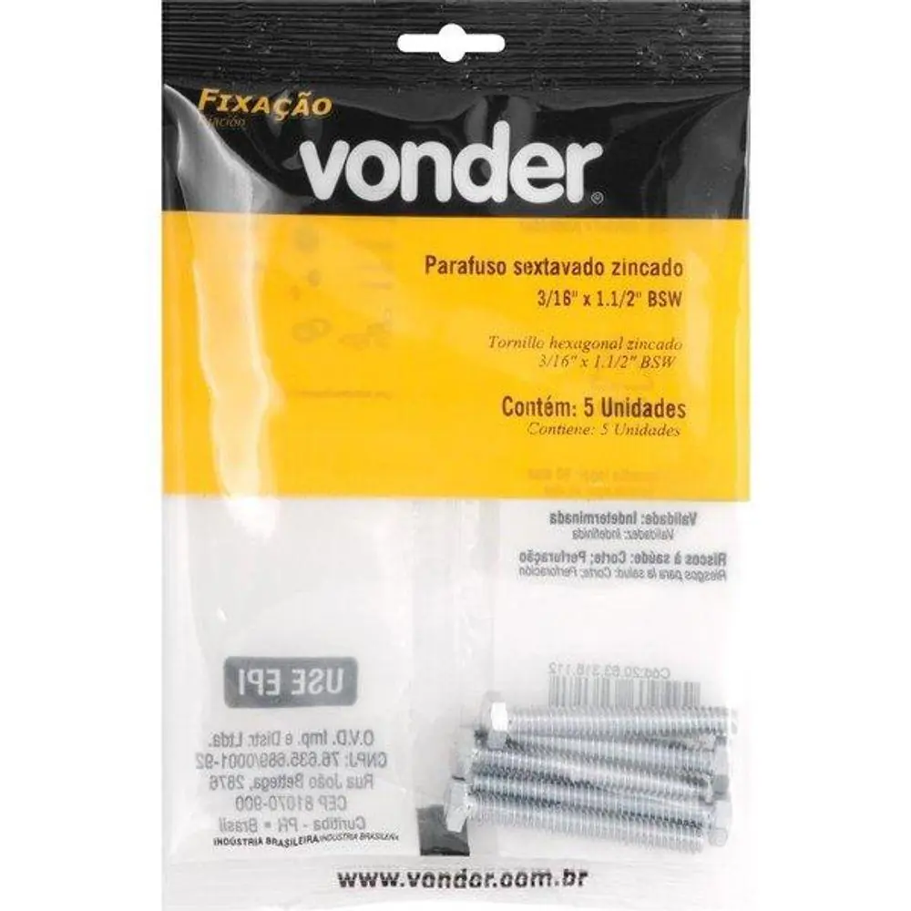 Parafuso Sextavado Zincado 3/16 x1.1/2 Bsw 5 Peças Vonder