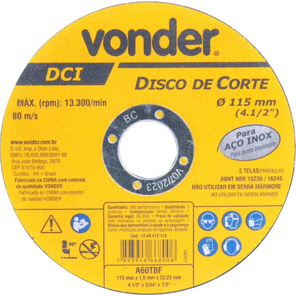 Disco De Corte 115 Mm X 1,0 Mm X 22,23 Mm Dci Inox Vonder