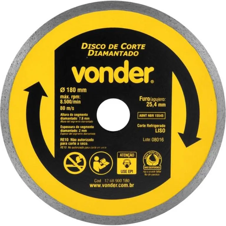 Disco De Corte Diamantado 180 Mm Liso Vonder