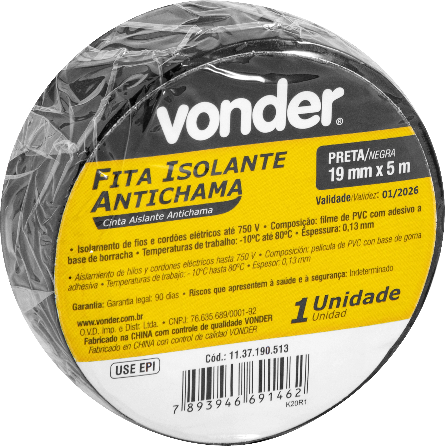 Fita Isolante 19mmx05m Preta Vonder