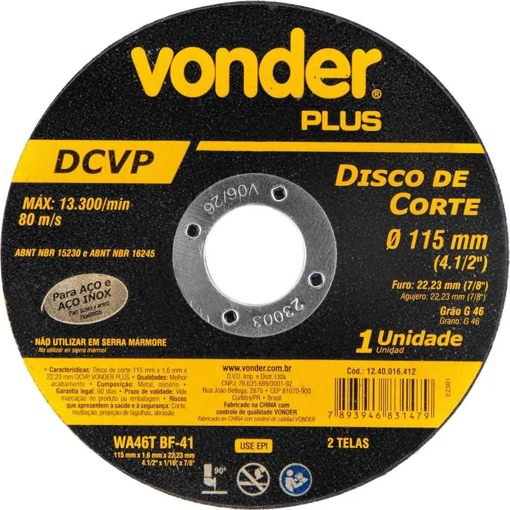 Disco De Corte 115mm X 16mm X 2223mm Dcvp Vonder Plus
