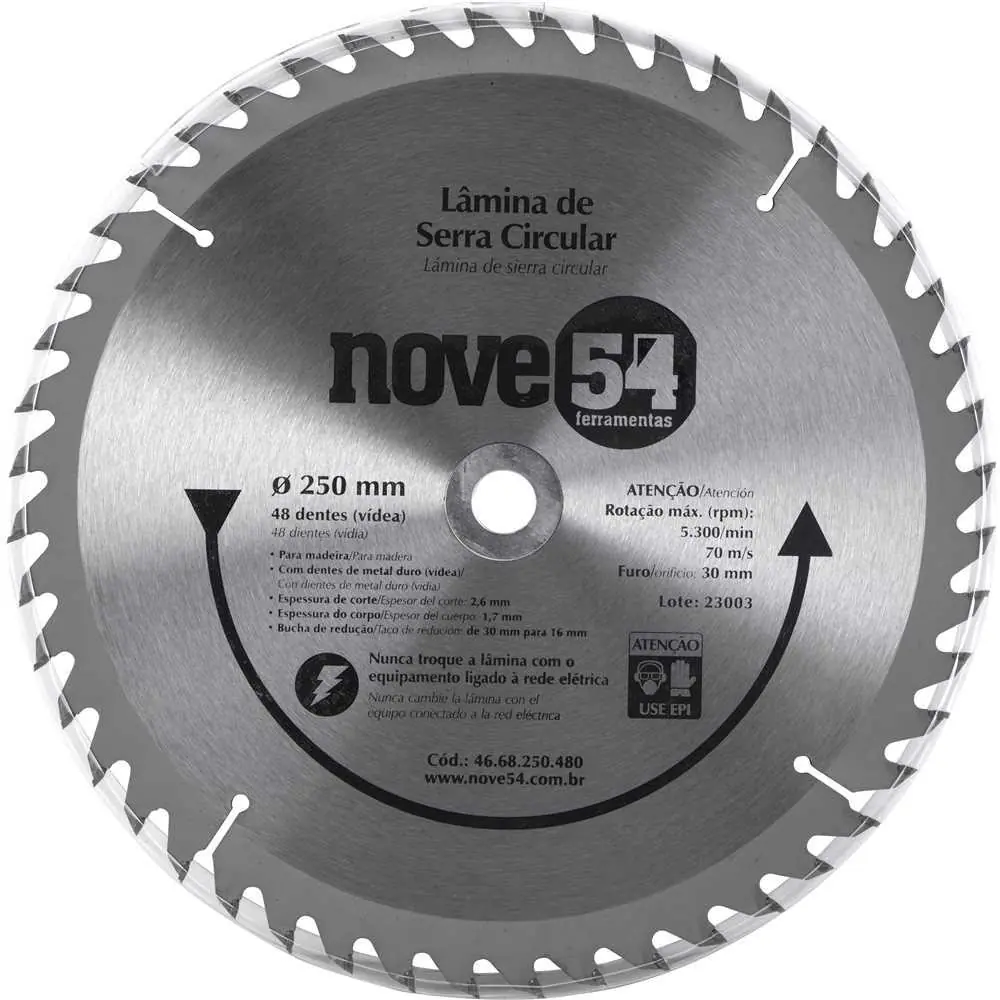 Lâmina De Serra Circular Vídea 250mm 48 Dentes Nove54