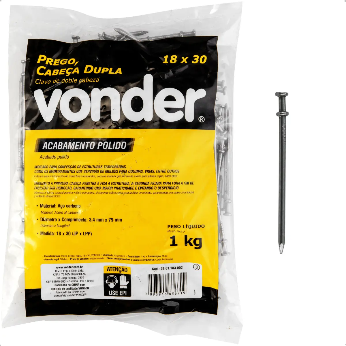 Prego Cabeça Dupla 18 X 30 (2.3/4 X 10") 1 Kg Vonder