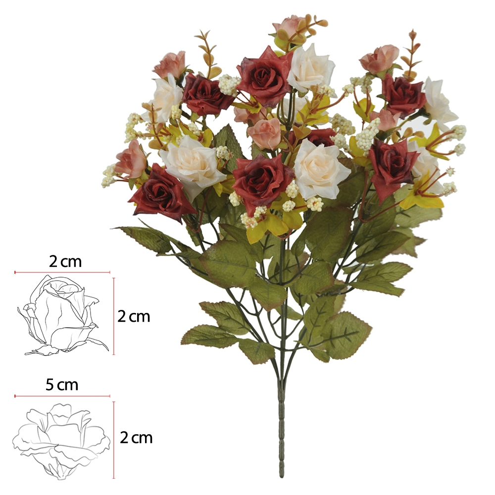 Flor Buque De Rosa 7 Galhos Creme Outono Vermelho 39cm Flor Arte