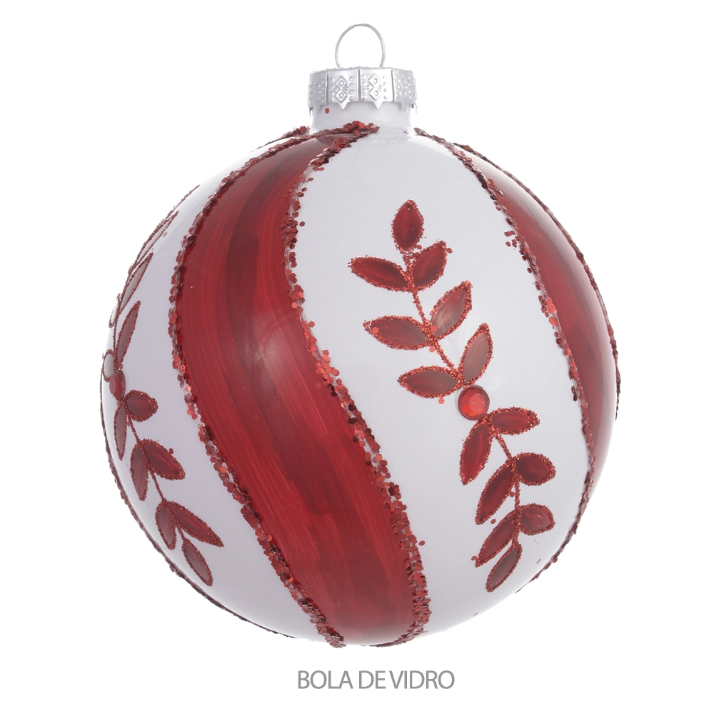 Bola Natal Vidro Branco Vermelho 10cm 44936001 Dea