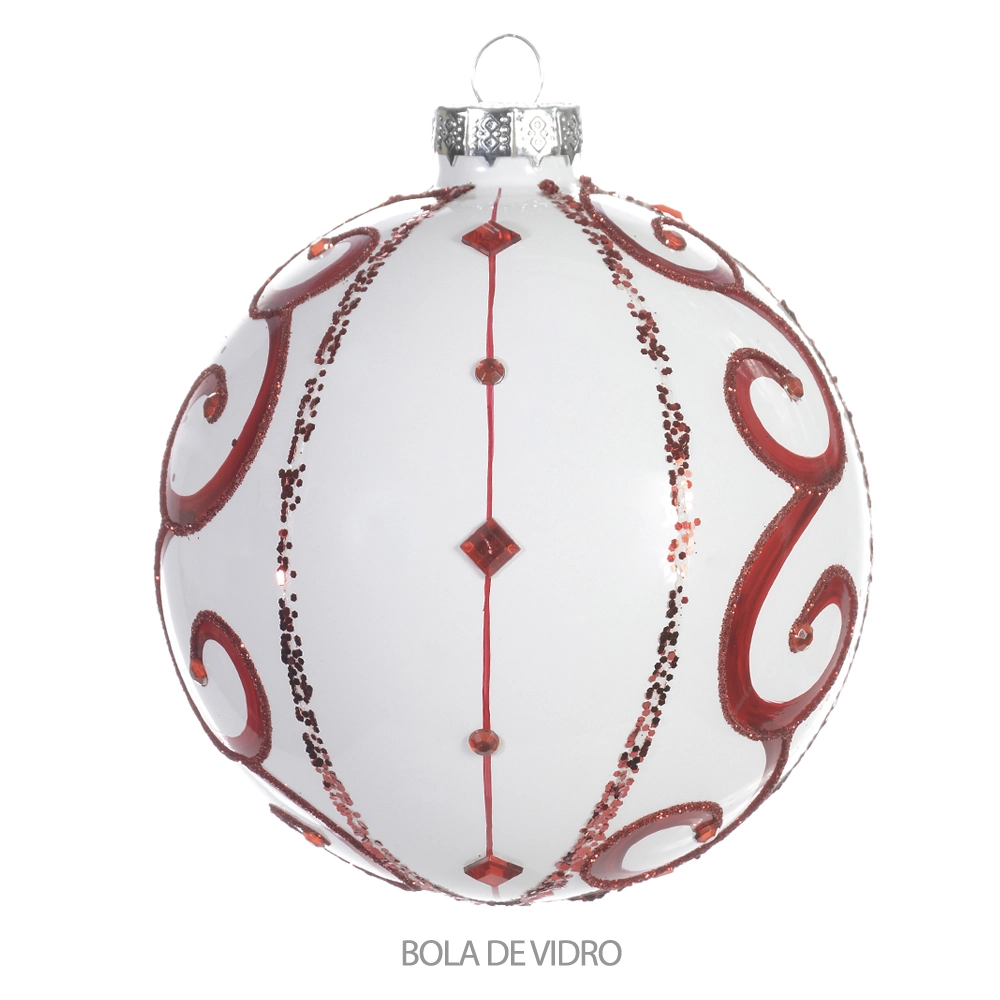 Bola Natal Vidro Branco Vermelho 10cm 44938001 Dea