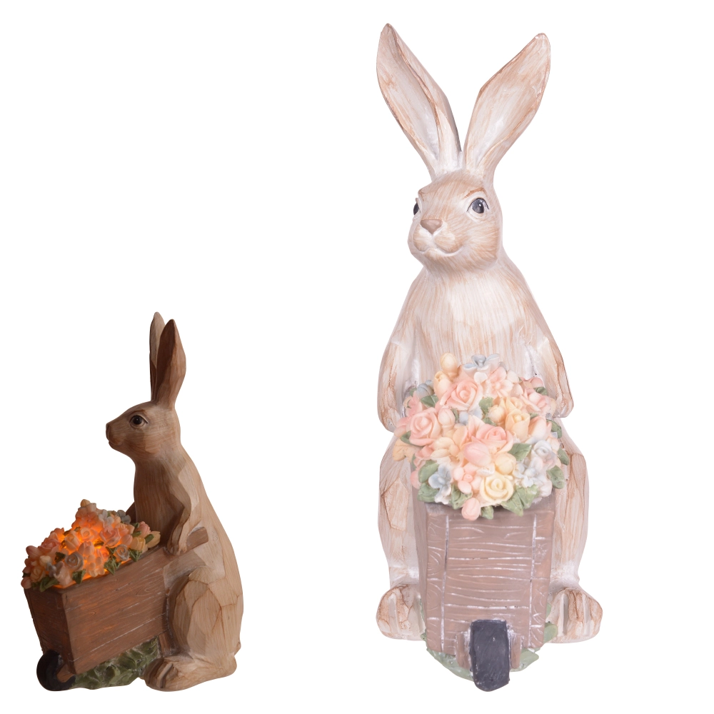 Coelho Pascoa Pe Flores Led Resina Bege 25x17.5cm 46330001 Dea