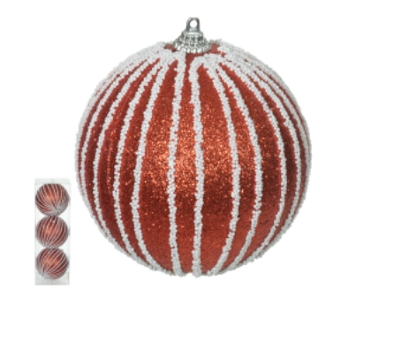 Bola Decorada Natal C/glitter C/3 Vermelho/branco 10cm Dea