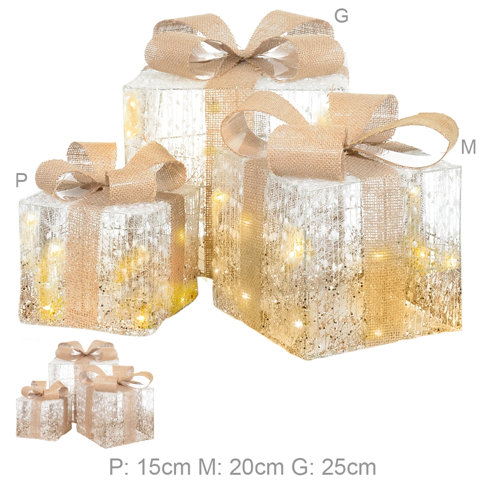 Natal Conju Presentes Decorativos C/3 Bco/champ 25cm