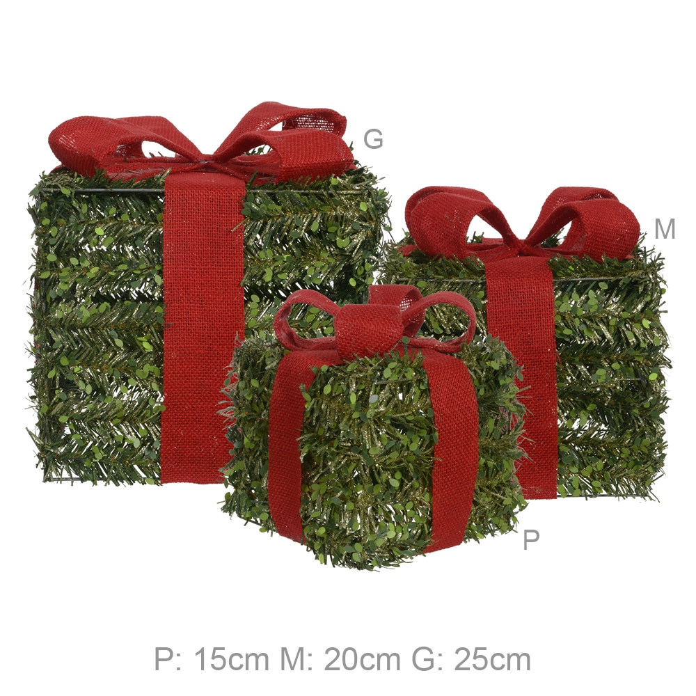 Natal Conjunto Presentes Decorativos C3 Und 25cm Verde Vermelho 47970