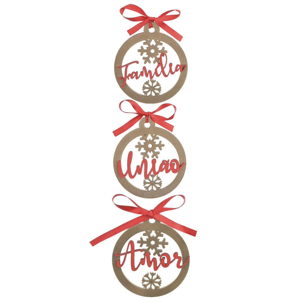 Enfeite Natal Mdf 3un Dourado Vermelho 9cm 99667 Dea