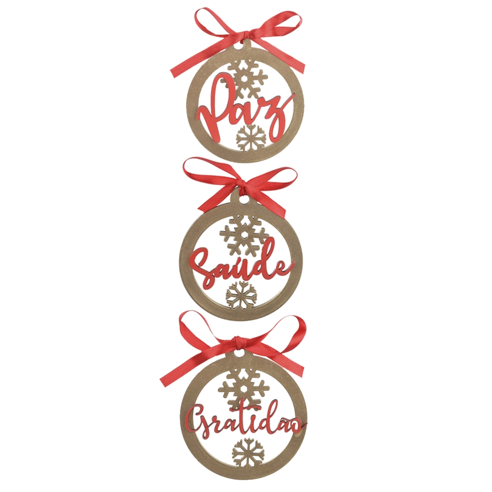 Enfeite Natal Mdf 3un Dourado Vermelho 9cm 99668 Dea