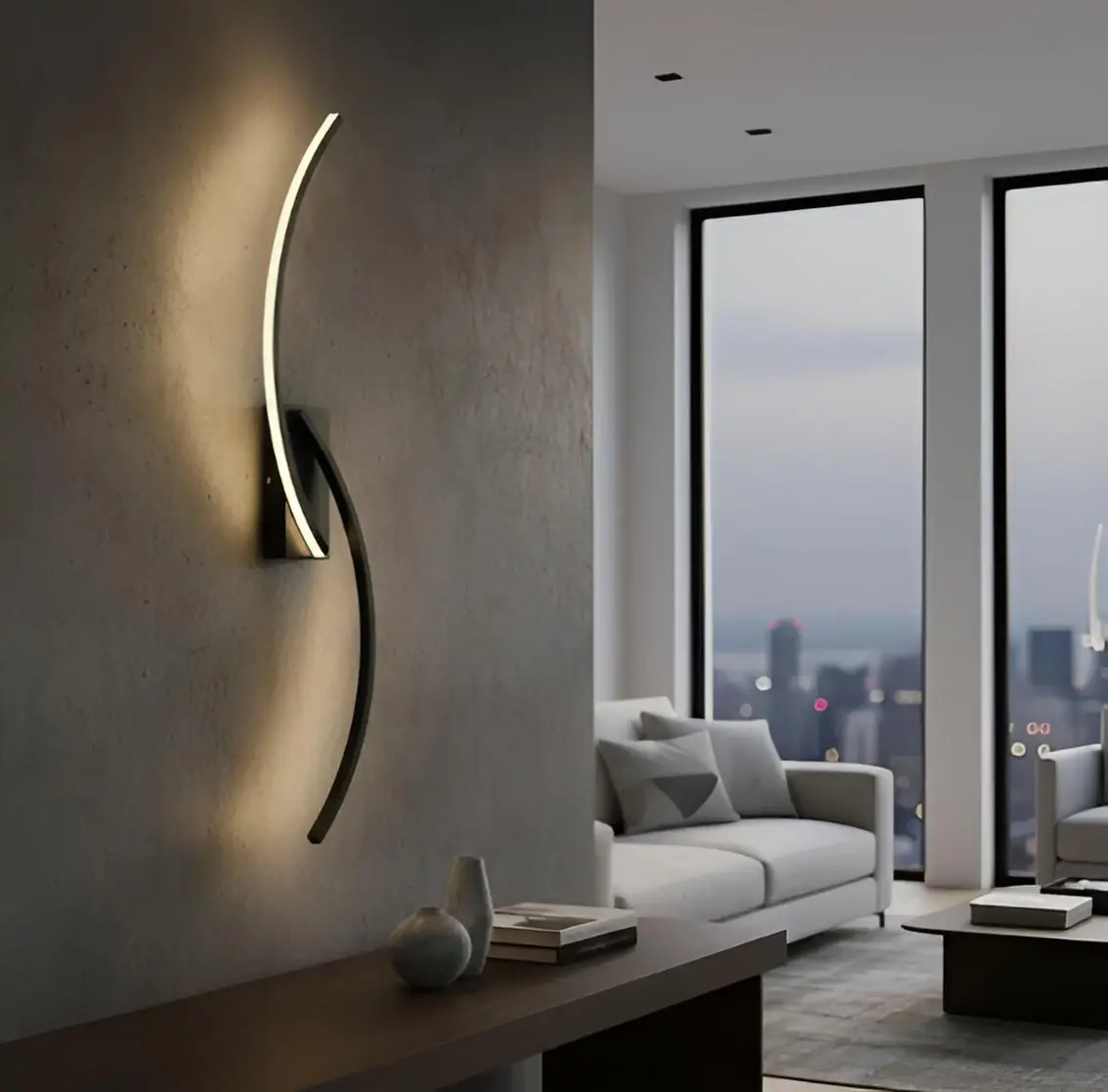 Arandela Moderna Slim Minimalista 2 Perfis Curvos Led Integrado Canopla Quadrada - 80cm - Preta