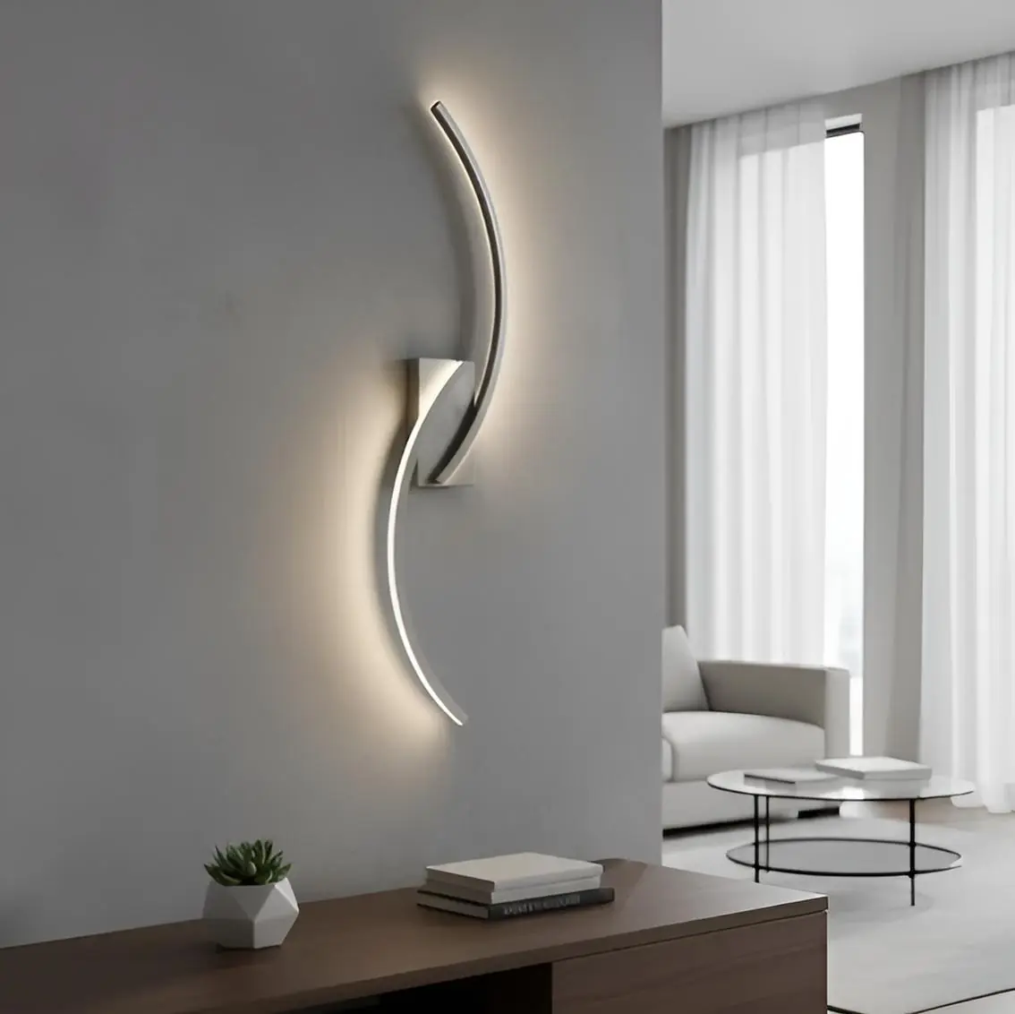 Arandela Moderna Slim Minimalista 2 Perfis Curvos Led Integrado Canopla Quadrada - 80cm - Prata
