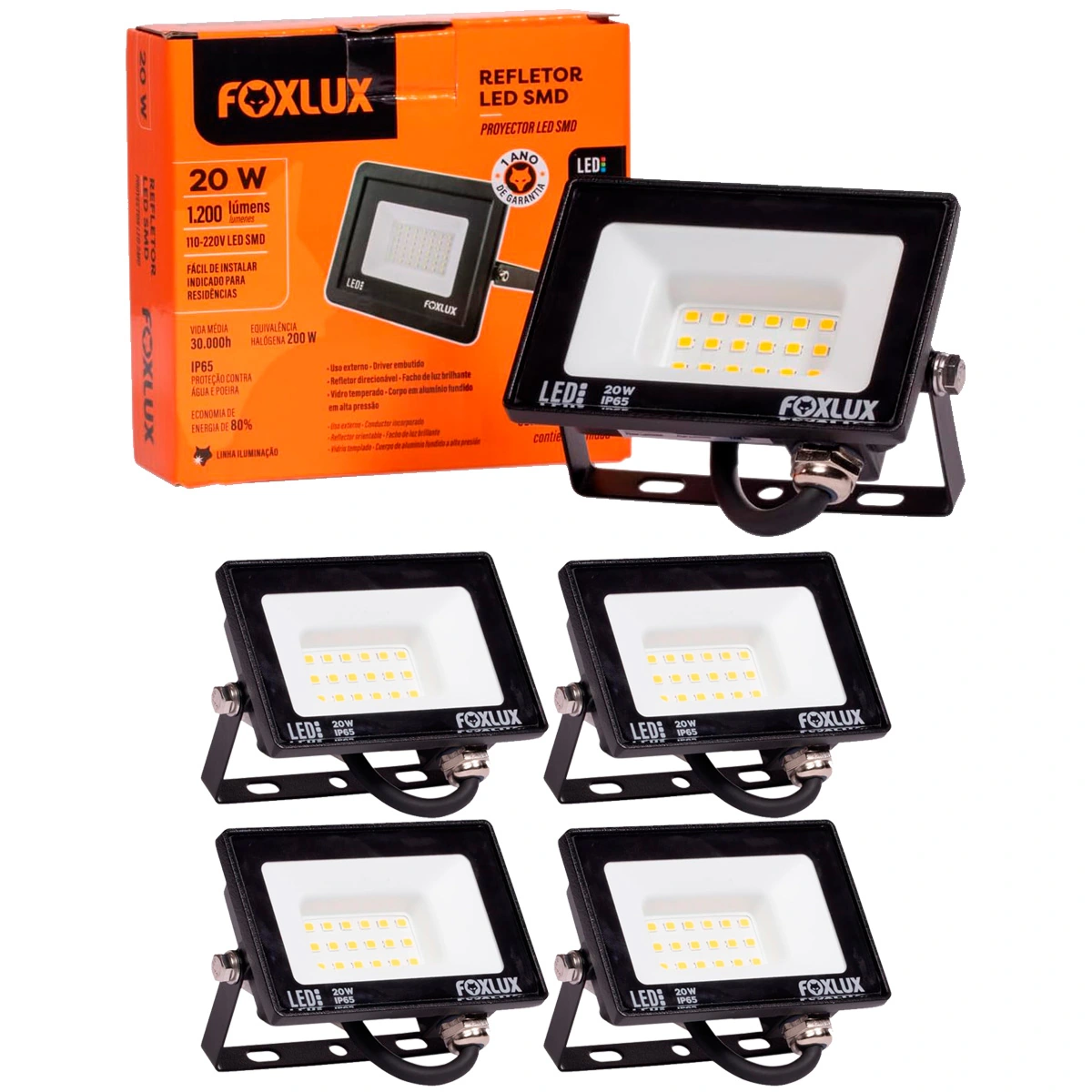Kit 5 Refletor Led Foxlux 20w 3000k Bivolt Preto