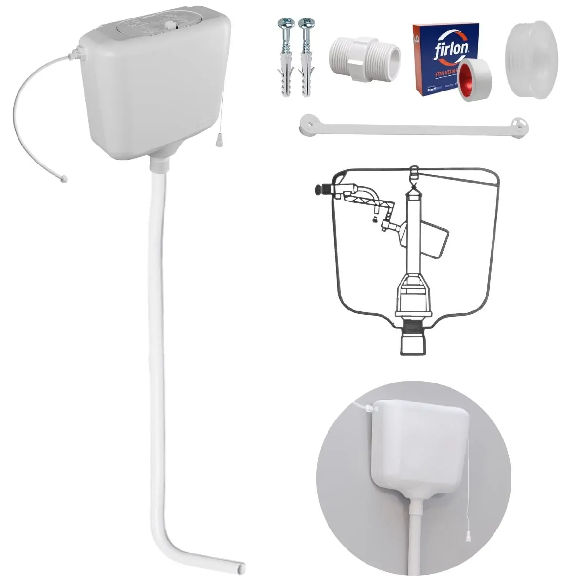 Caixa De Descarga Elevada De 6,8 À 9l Branca + Tubo De Descida + Espude + Engate + Fita Veda Rosca