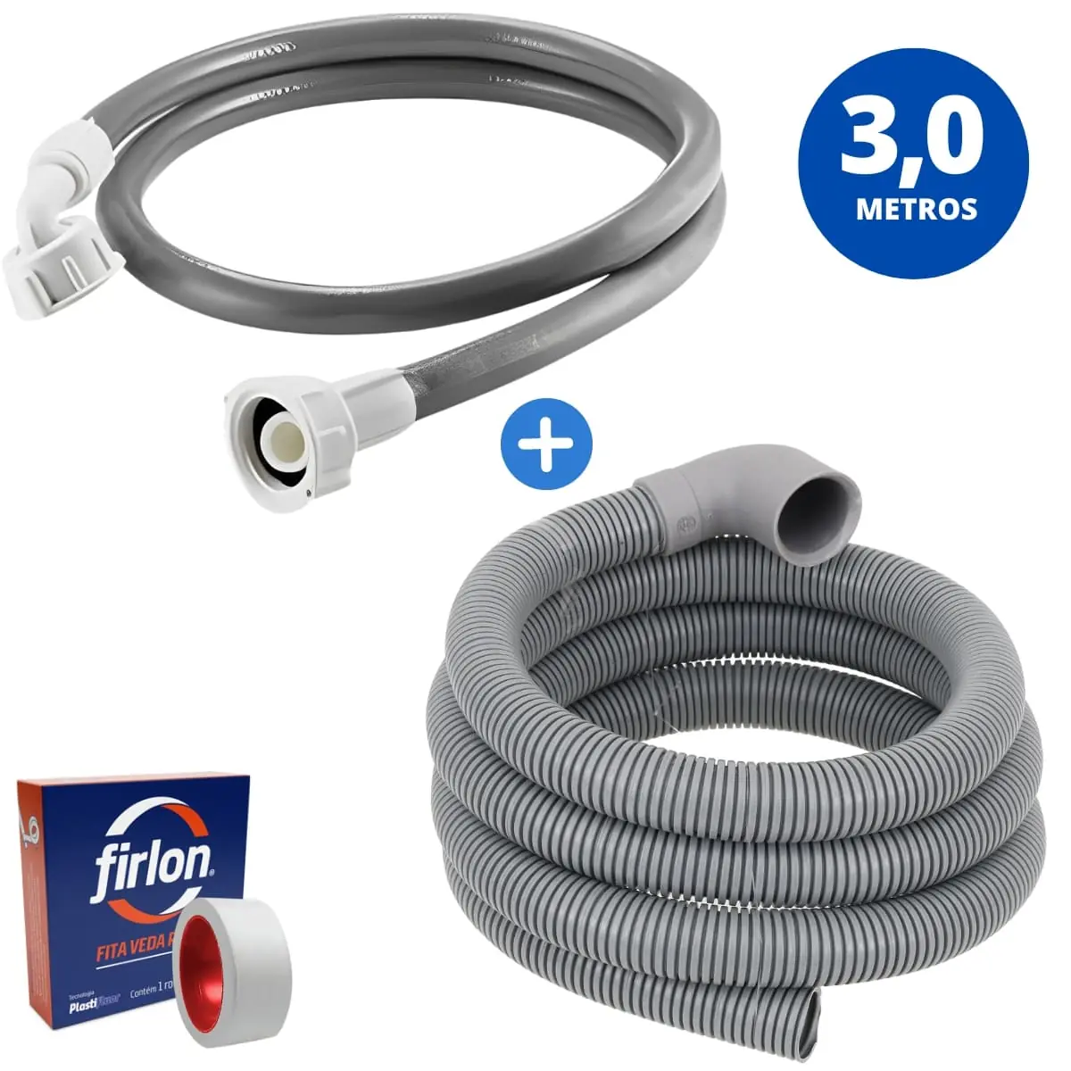 Mangueira Entrada + Saida Água Máquina De Lavar Universal 3m Metros Cinza + Fita Veda Rosca | Kaztec