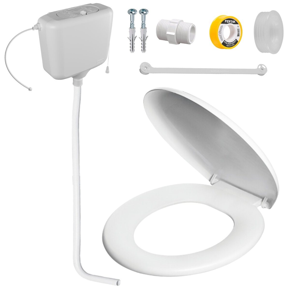 Assento Sanitário Almofadado +caixa De Descarga Elevada 9l Branca + Tubo De Descida + Espude + Engate+  Fita Veda Rosca