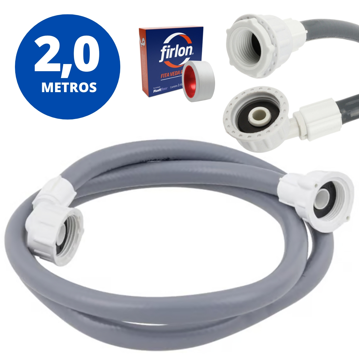 Mangueira Entrada Água Máquina De Lavar Universal 2m Metros Cinza + Fita Veda Rosca | Kaztec
