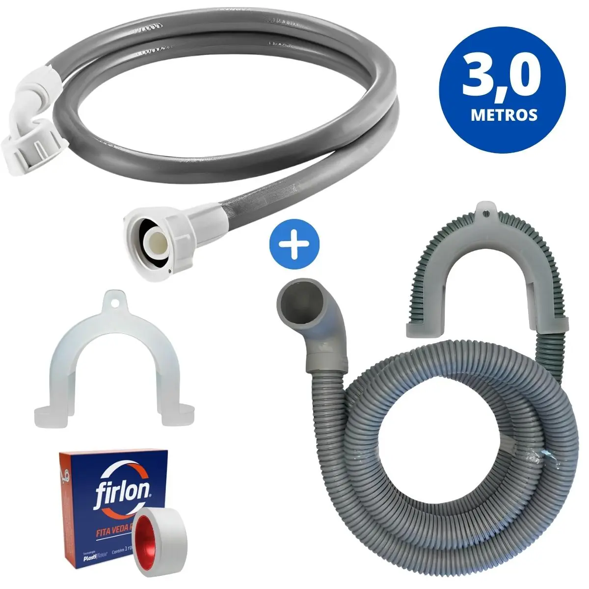 Mangueira Entrada + Saída Água Máquina De Lavar Universal 3m Cinza + Curva P/ Mangueira + Fita Veda Rosca | Kaztec