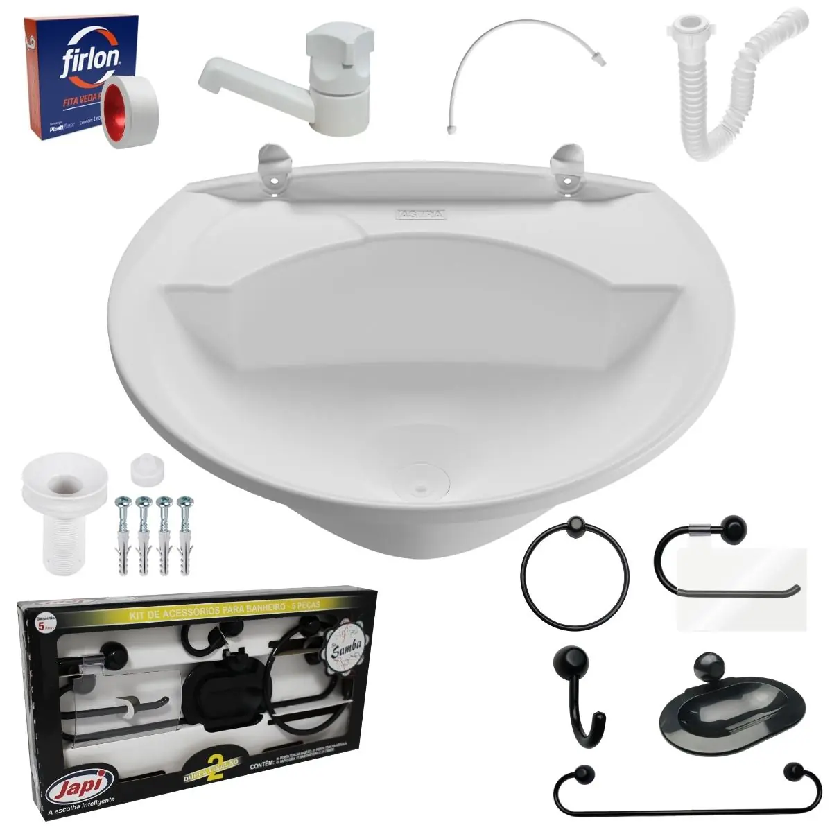 Pia Lavatório Banheiro Plástico 4l Branca + Kit Para Banheiro Redondo 5 Pçs Preto