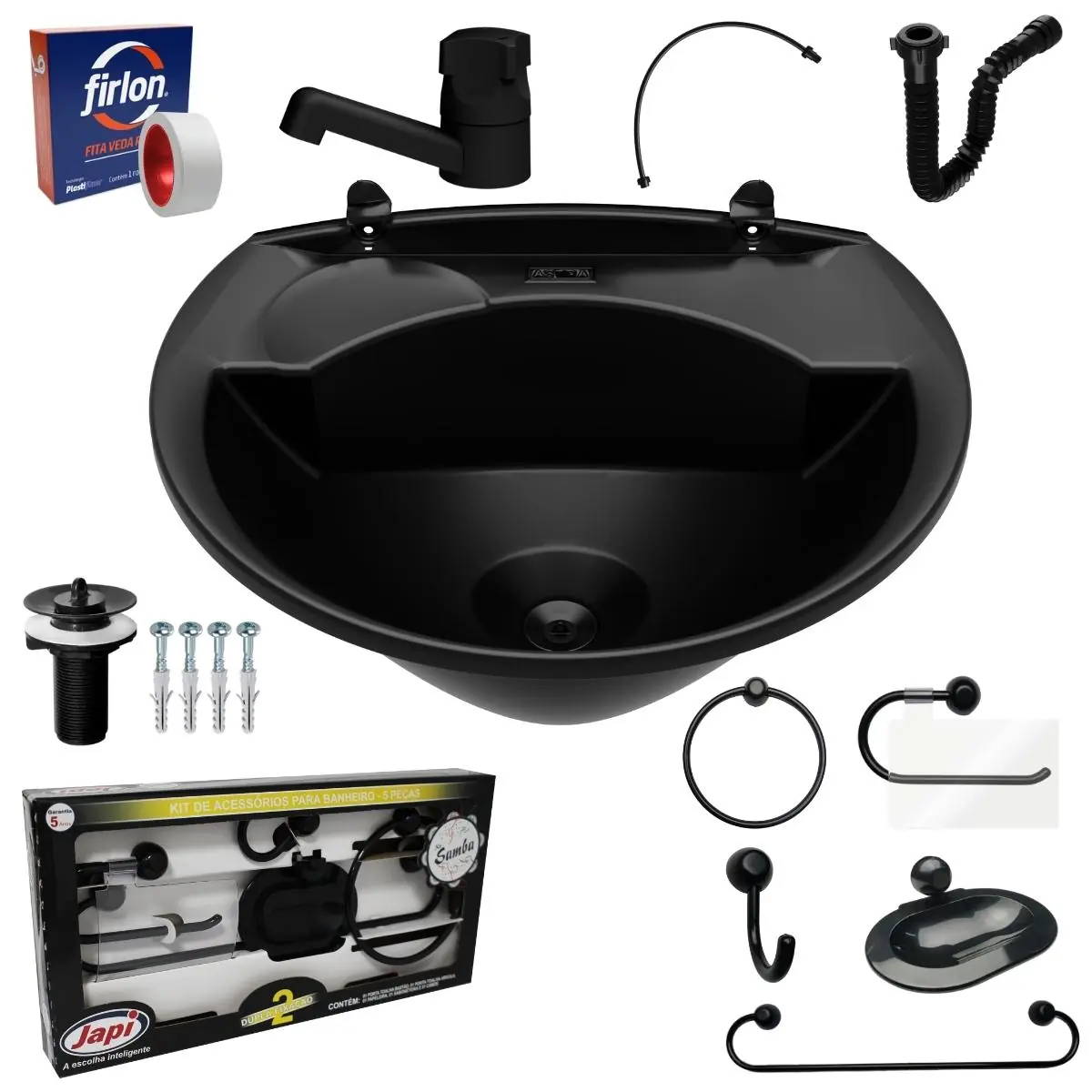 Pia Lavatório Banheiro Plástico 4l Preta + Kit Para Banheiro Redondo 5 Pçs Preto
