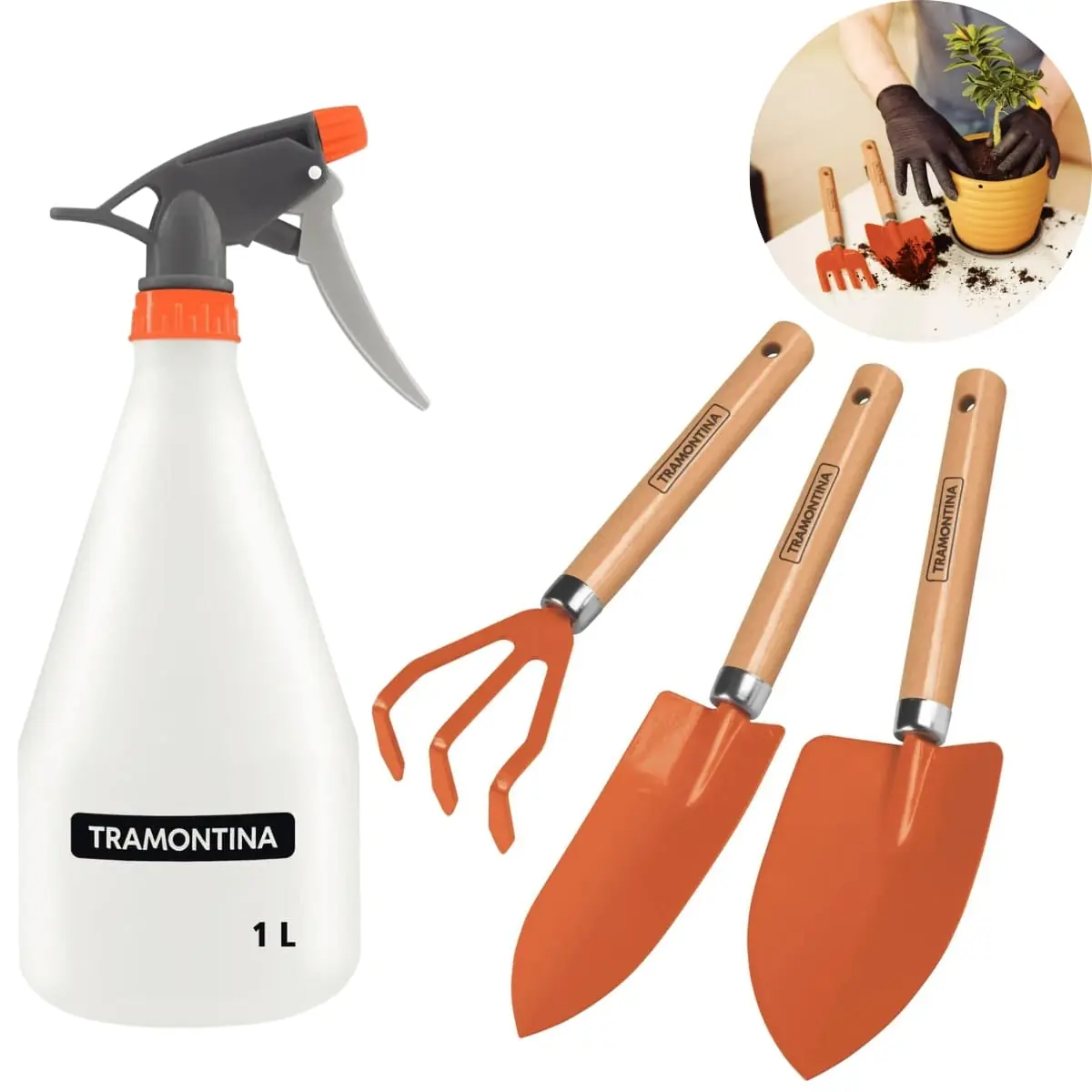 Kit Conjunto Jardinagem 3 Peças Cabo Madeira + Borrifador 1 Litro | Tramontina