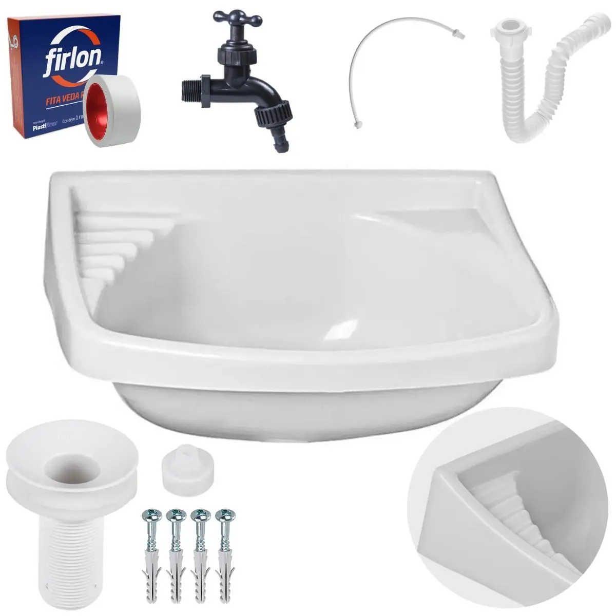 Pia Lavatório Banheiro 4,8l + Torneira Preta Reforçada + Sifão Universal Branco + Engate Flexível + Fita Veda Rosca