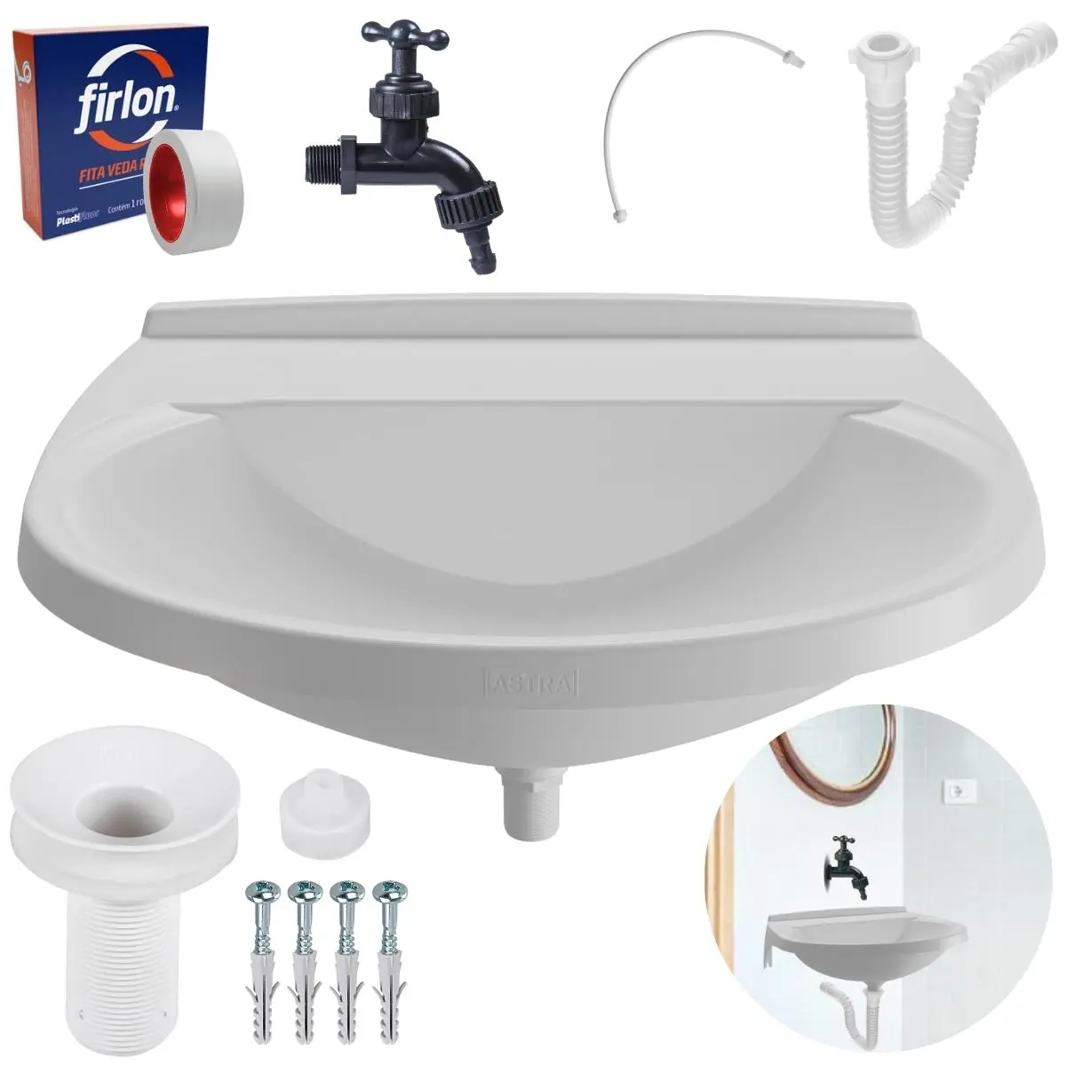 Pia Lavatório Banheiro 8l + Torneira Preta Reforçada + Sifão Universal Sanfonado + Engate Flexível + Fita Veda Rosca