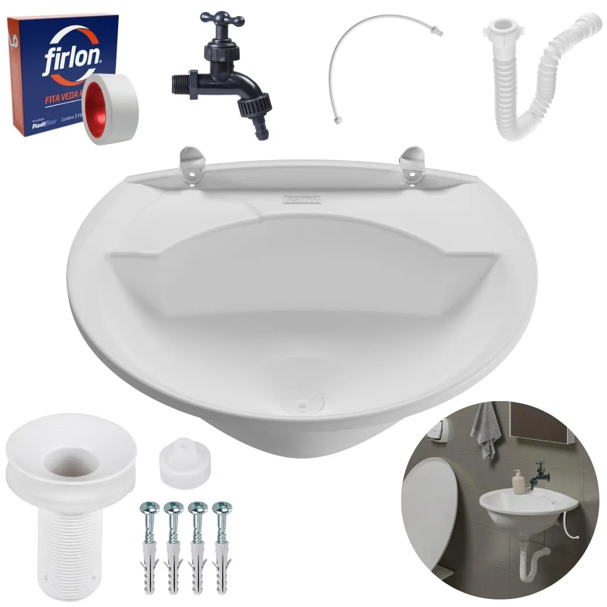 Pia Lavatório Banheiro 4l + Torneira Preta Reforçada + Sifão Universal Sanfonado + Engate Flexível + Fita Veda Rosca