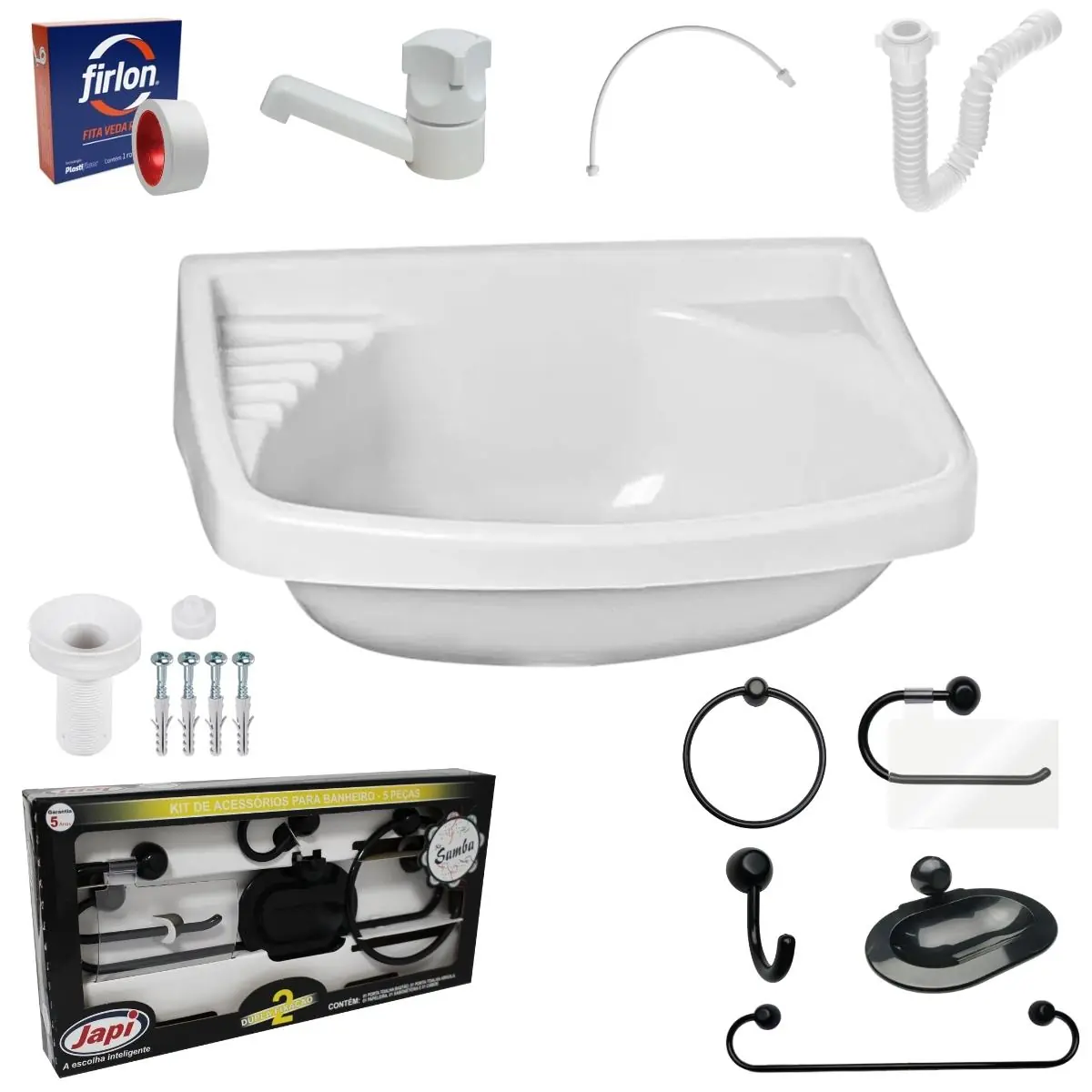 Pia Lavatório Banheiro 4,8l + Kit Para Banheiro Redondo + Torneira + Sifão Universal + Engate Flexível + Fita Veda Rosca