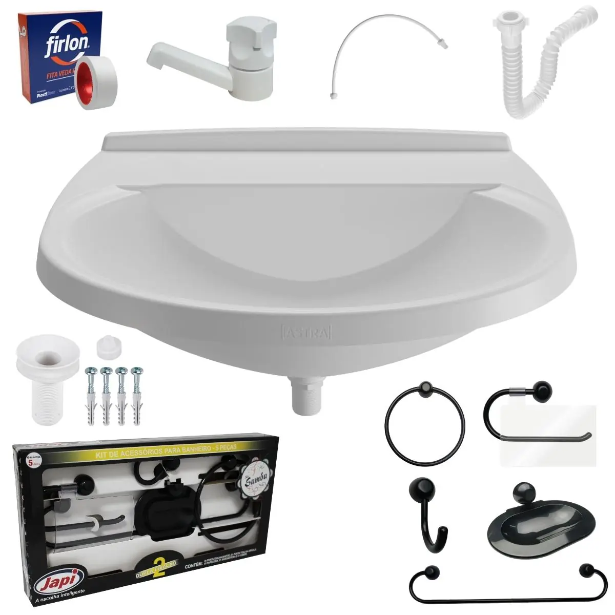 Pia Lavatório Banheiro 8l + Kit Para Banheiro Redondo + Torneira Branca + Sifão Universal Sanfonado + Fita Veda Rosca