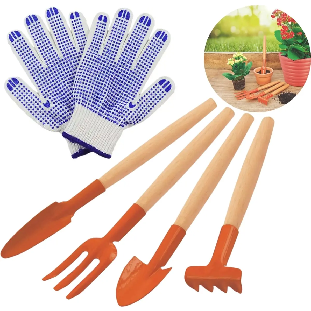 Kit Conjunto Mini Para Jardinagem 4 Peças Cabo Madeira + Luva Pigmentada | Tramontina